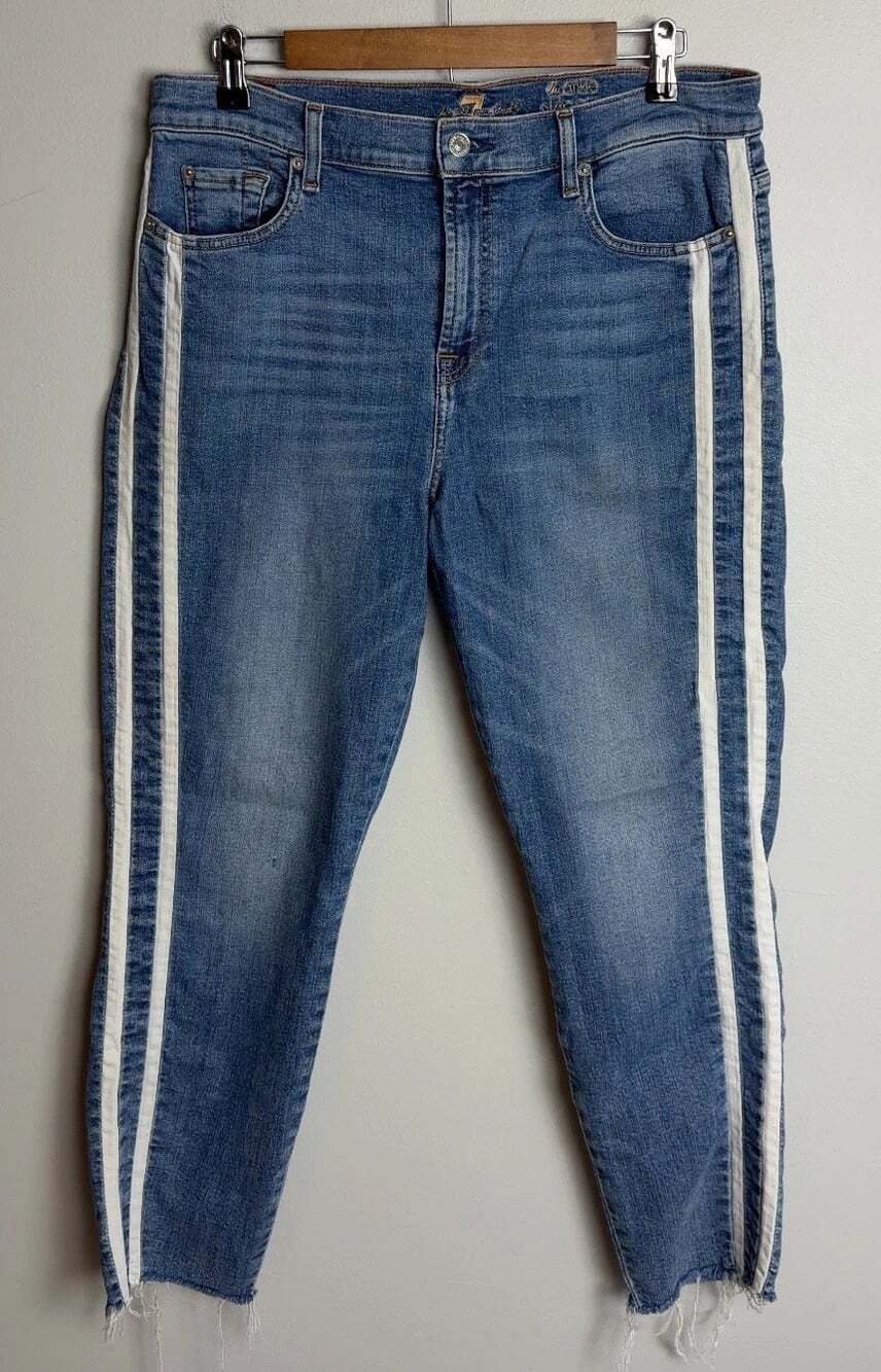7 For All Mankind The Ankle Skinny Jeans Size 32 Blue White Side Stripe Women’s